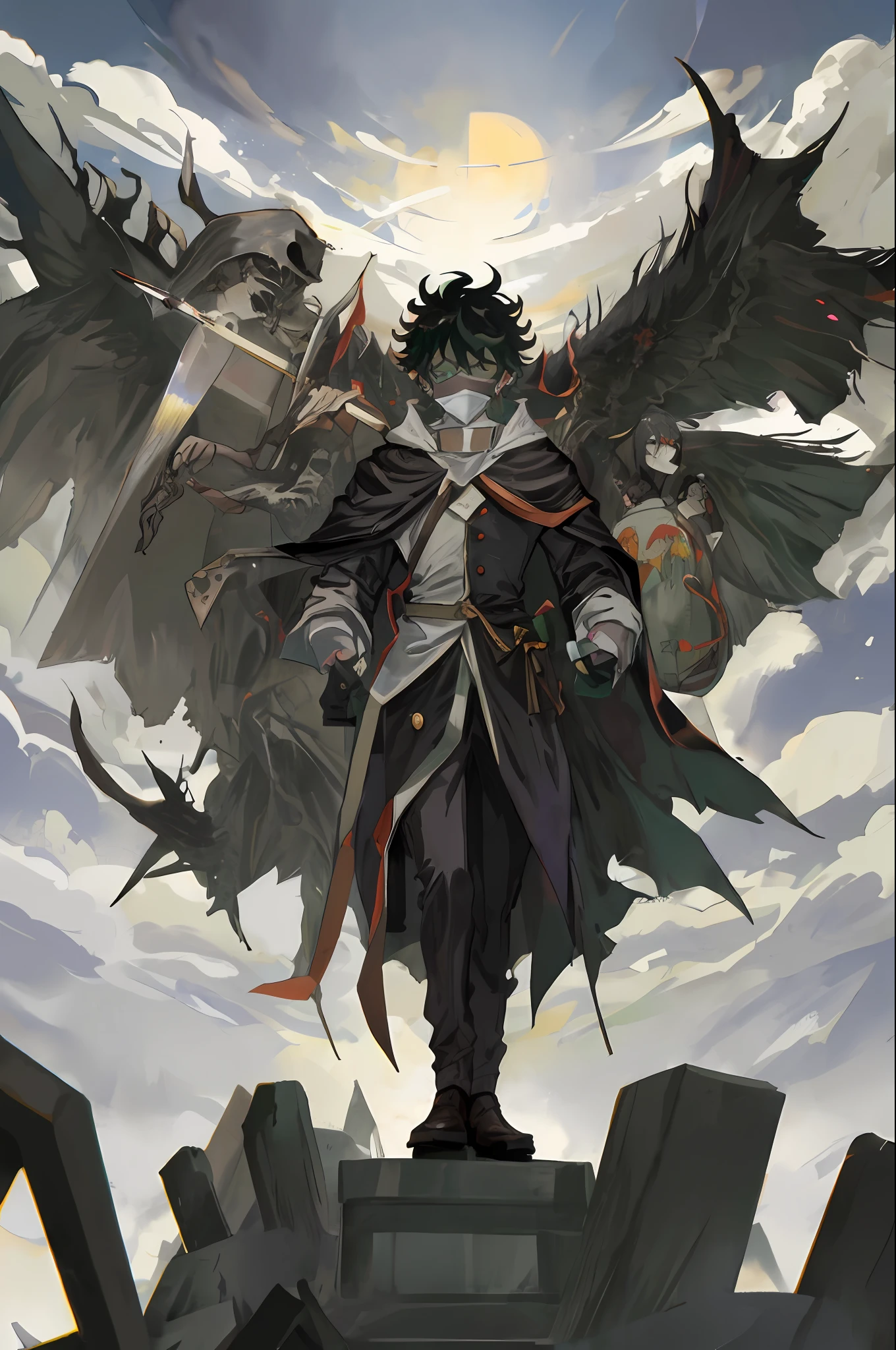 Izuku Midoriya stands atop a hill of gravestones, cloaked in a dark robe and a plague doctor's mask, a scythe in one hand and a crimson moon in the other.