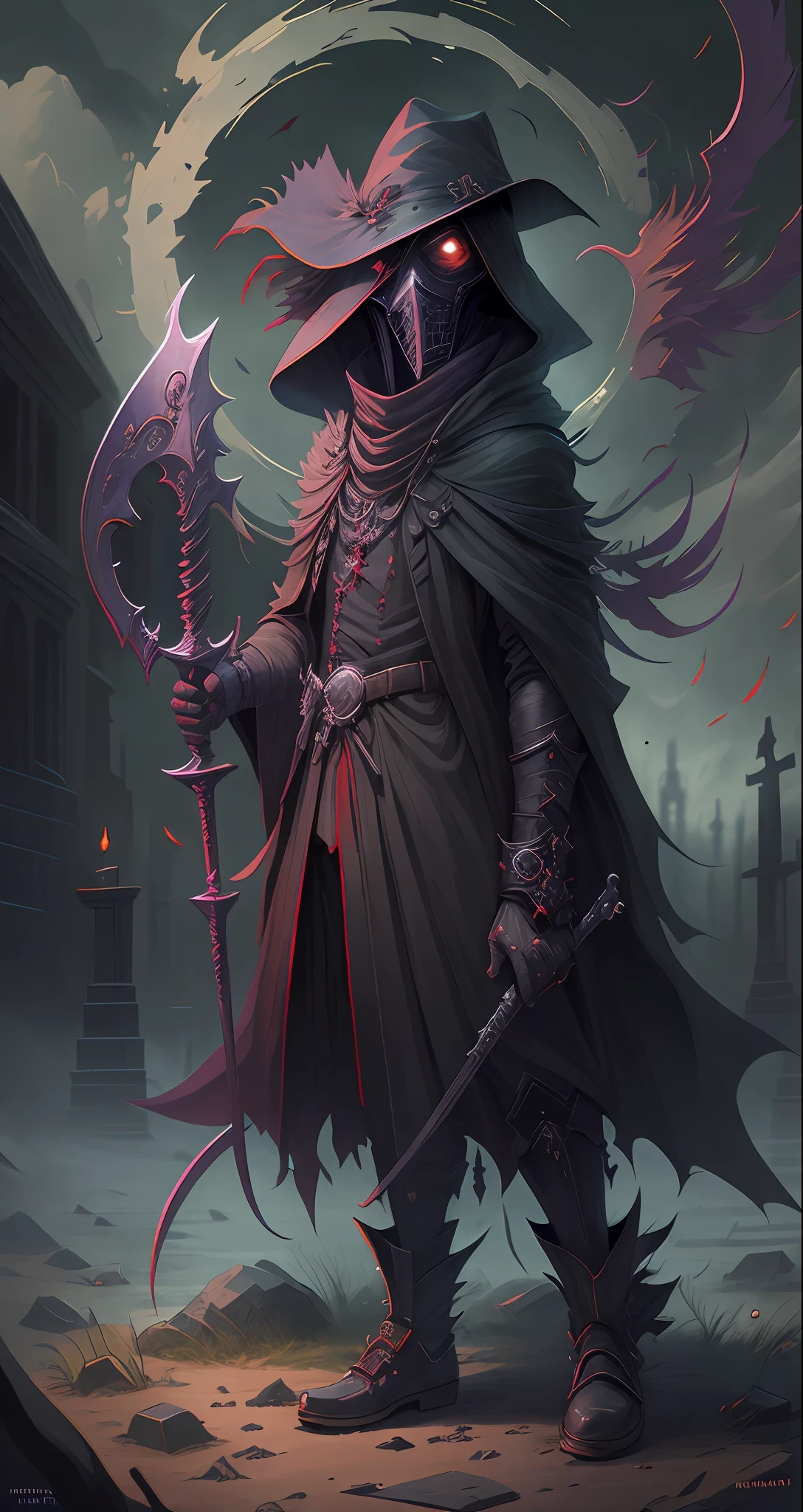 Izuku Midoriya as the grim reaper wearing plague doctor's clothes wielding a scythe on a cementary under the crimson moonlight