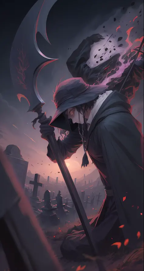 izuku midoriya as the grim reaper wearing plague doctor's clothes wielding a scythe on a cementary under the crimson moonlight