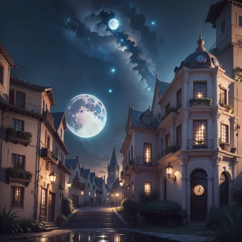 Moon captured in intricate sky, night, detailed fantasy background, hyperdetailed; magic clock town, realism; incredible composition; dynamic lighting; meticulously composed, concept art, indigo, fascinating stars, masterpiece, Splash art, Spanish villa, d...