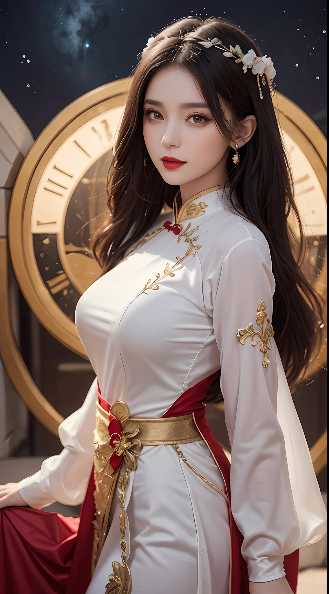 1 27歲女孩, 1 十二生肖 goddess from the future, 12 十二生肖 goddess pink purple, 12 十二生肖 goddess wearing red and white silk long dress and pants, 12 bows and ao dai detailed black lace 十二生肖, mythical goddesses of the 12 十二生肖s from the future, 十二生肖 , luxury glittering 十二生肖 style, 黑暗而神秘的版本, 皇家皇冠導演, 红唇膏, 薄而美麗的嘴唇, 迷人的微笑, 由 karol bak 和 pino daeni 創作的角色, 錯綜複雜的細節, 細緻的背景, 極致細節, 光魔法, a woman wearing 長絲綢衣服, 清晰的臉, 平瀏海長髮, 美麗的臉龐細節和比例勻稱的眼睛, (透明的黃色眼睛: 1.8), 大大的眼睛圓圓的，妝容非常漂亮細緻, 遠見, 長絲綢衣服, 神秘妝容, 側瀏海和染成淺金髮, 上半身肖像, 十二生肖 goddess portrait, 手臂鬆開 , 真實生動的照片, (the stars that make up the 十二生肖: 1.7), (the 十二生肖 sky background and fictitious space and time portal: 1.8), 小說藝術, 原始照片, hanfu photo, 最好的照片, 最好品質的照片, 8K, 8K ulta quality, 超级逼真, 最真實的照片,