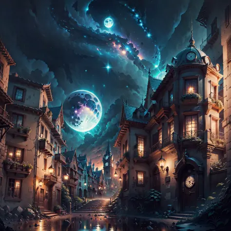 Moon captured in intricate sky, night, detailed fantasy horror background, hyperdetailed; magic clock town, realism; incredible composition; dynamic lighting; meticulously composed, concept art, indigo, fascinating stars, masterpiece, Splash art, Spanish v...