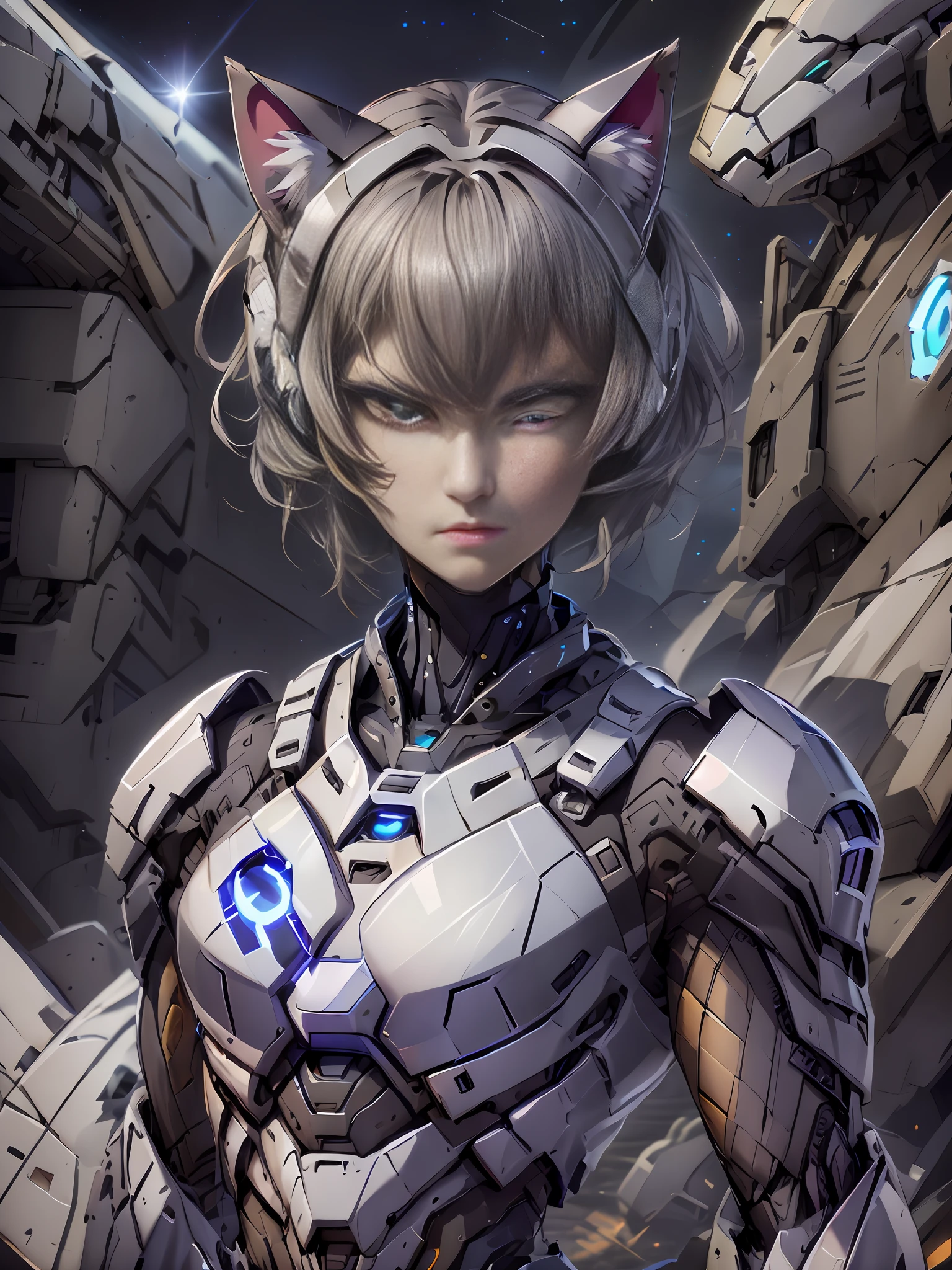 High quality, HD graphics, an Abyssinian cat female anime character, metal cat, big cat ears, white mech, short black hair, amber eyes, upturned hair ends, glossy, white mech, portrait shooting, serious and stern expression, intimidating pose, cosmic space background.