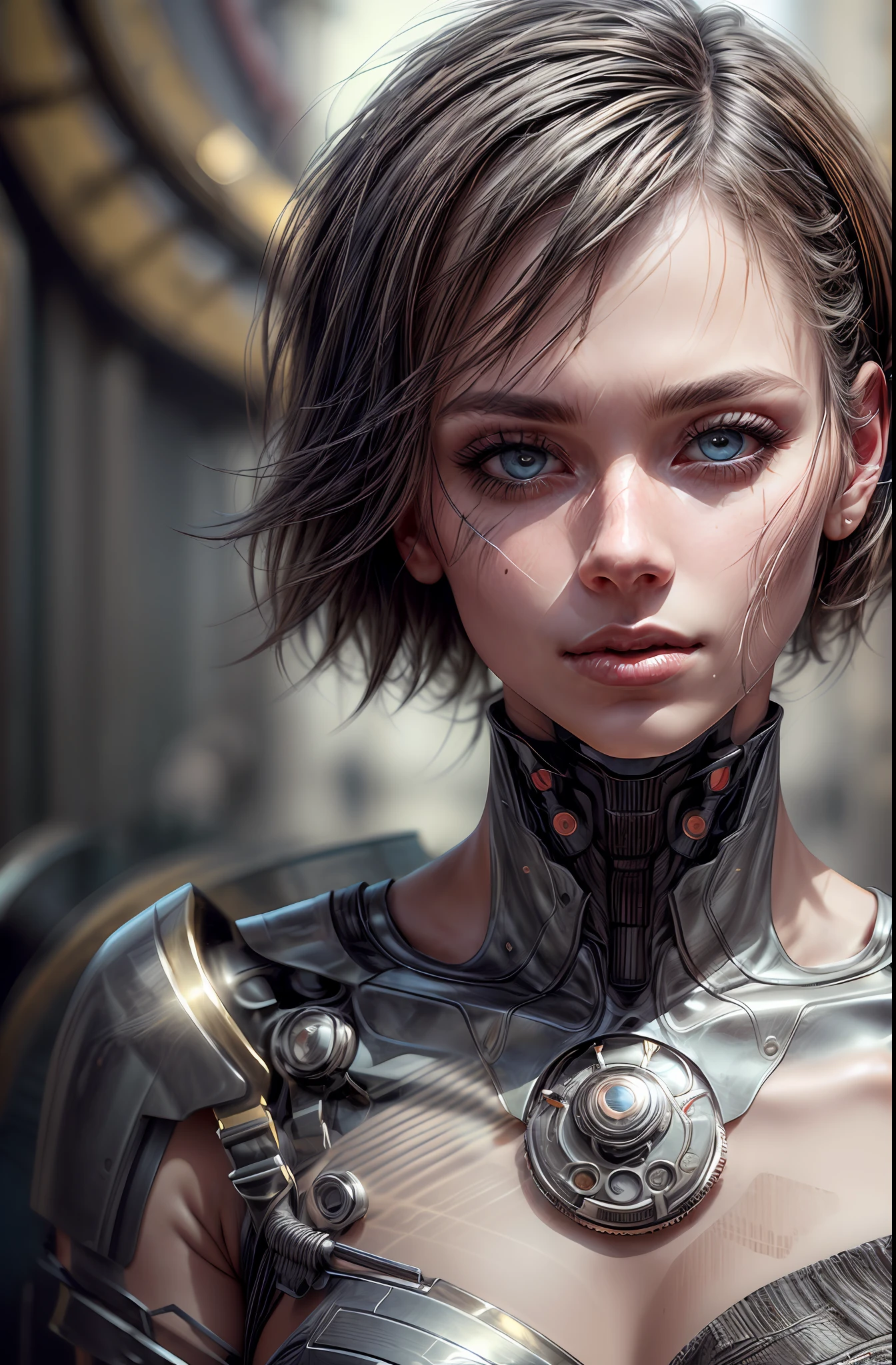 masterpiece, (photorealistic:1.5), realistic, best quality, beautiful lighting, professional lighting, 1girl, black hair, blurry, blue eyes, looking at viewer, solo, parted lips, realistic, short hair, blurry background, lips, depth of field, portrait, film grain, mechanical part, metal arm, metal nose, metal lips