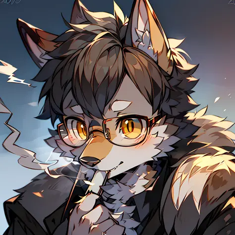 Single, shaggy male, 20 years old homework, medium build, affectionate and natural, innocent personality, full of intelligence, furry, wolf, snow wolf, canine, gray-black fur, golden eyes, glasses, smoking, detective costume, detective