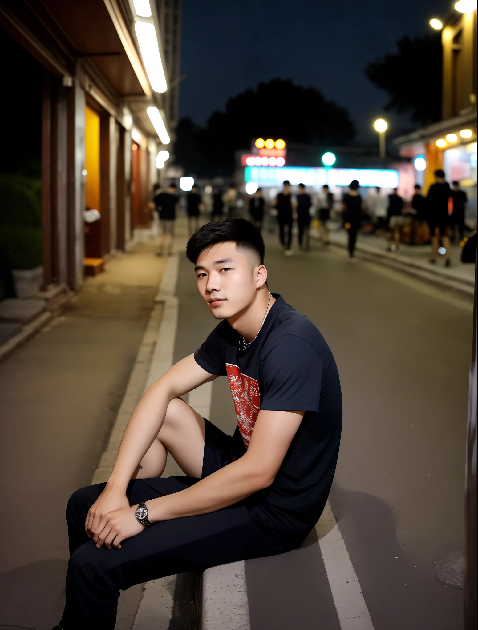 Photo brute, un jeune homme assis dans une rue la nuit, (peau très détaillée:1.2), 8k euh, reflex numérique, Éclairage doux, haute qualité