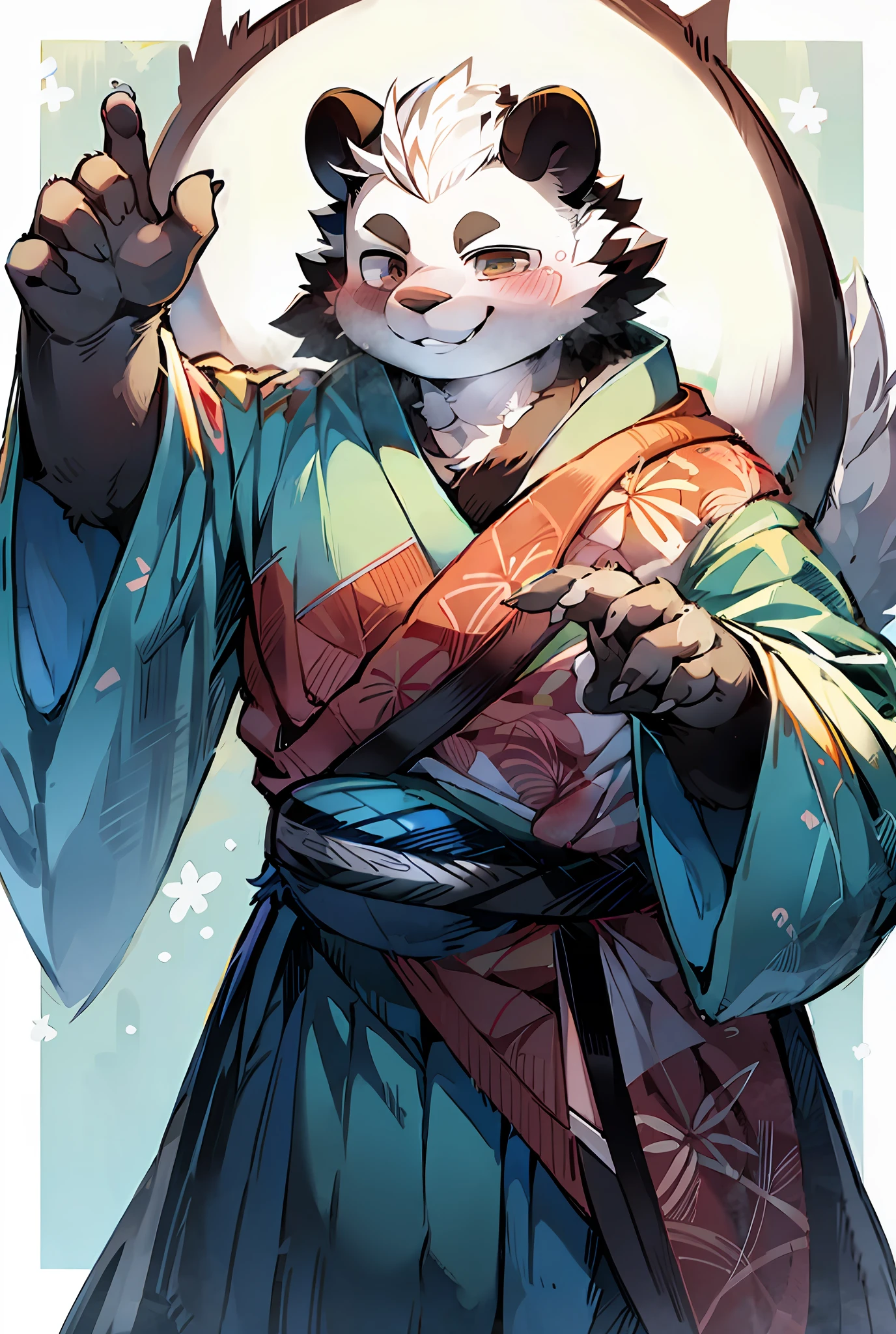 Panda orc, kimono, anthropomorphic furry art, slightly chubby, furry, furry, black and white hair, happy smile, single, 8k, high quality, panda, male, clear facial features, clear fingers