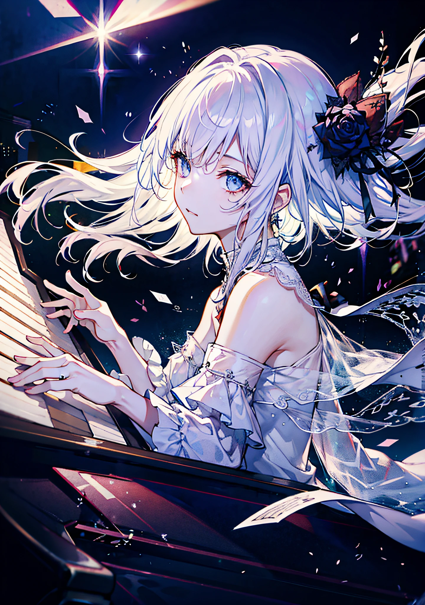 1 girl, solo, long hair, piano, musical instrument, black eyes, dress, white dress, white hair, looking at the audience, light particles, shut up, interior, jewelry, sleeveless, bare shoulders, bangs, from the side, playing piano music, body facing the piano, turning to look at the audience, black rose, beautiful detail eyes, detailed background, complex details, complex background, brilliant, light around the body, bright colors, wallpaper, super detailed CG