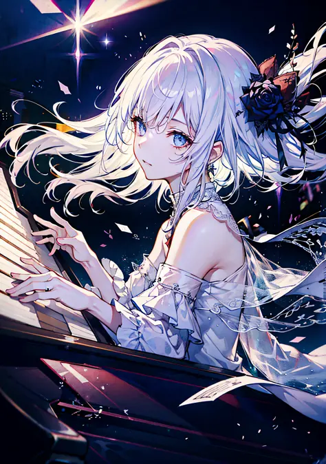 1 girl, solo, long hair, piano, musical instrument, black eyes, dress, white dress, white hair, looking at the audience, light p...