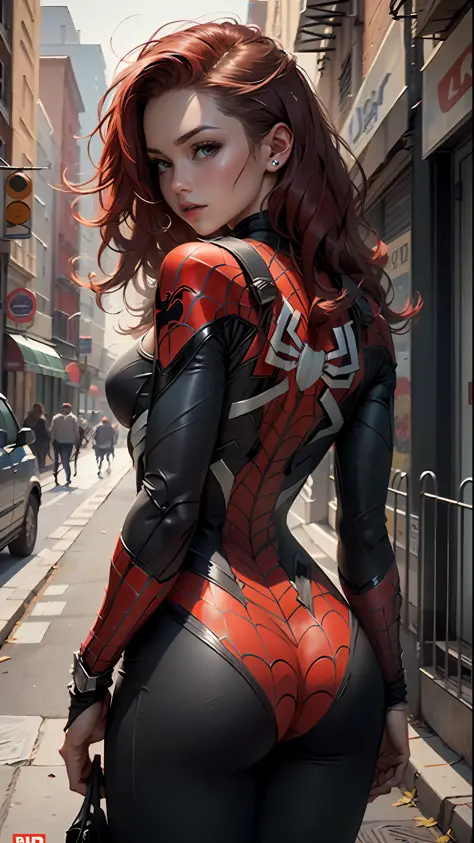 Masterpiece, HD, ultra detailed, beautiful woman with detailed body using Spider-Man roleplay, long red hair, delicate facial features, perfect face, back to the viewer, looking back