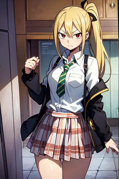 curious face, schoolgirl attire, white blouse with yellow jacket, green striped tie, red plaid skirt, red eyes and ashy hair in a twin ponytail, (style of soul eater and fairy tail anime), (illustrated by Hiro Mashima and Atsushi Ohkubo), (style mixing), L...