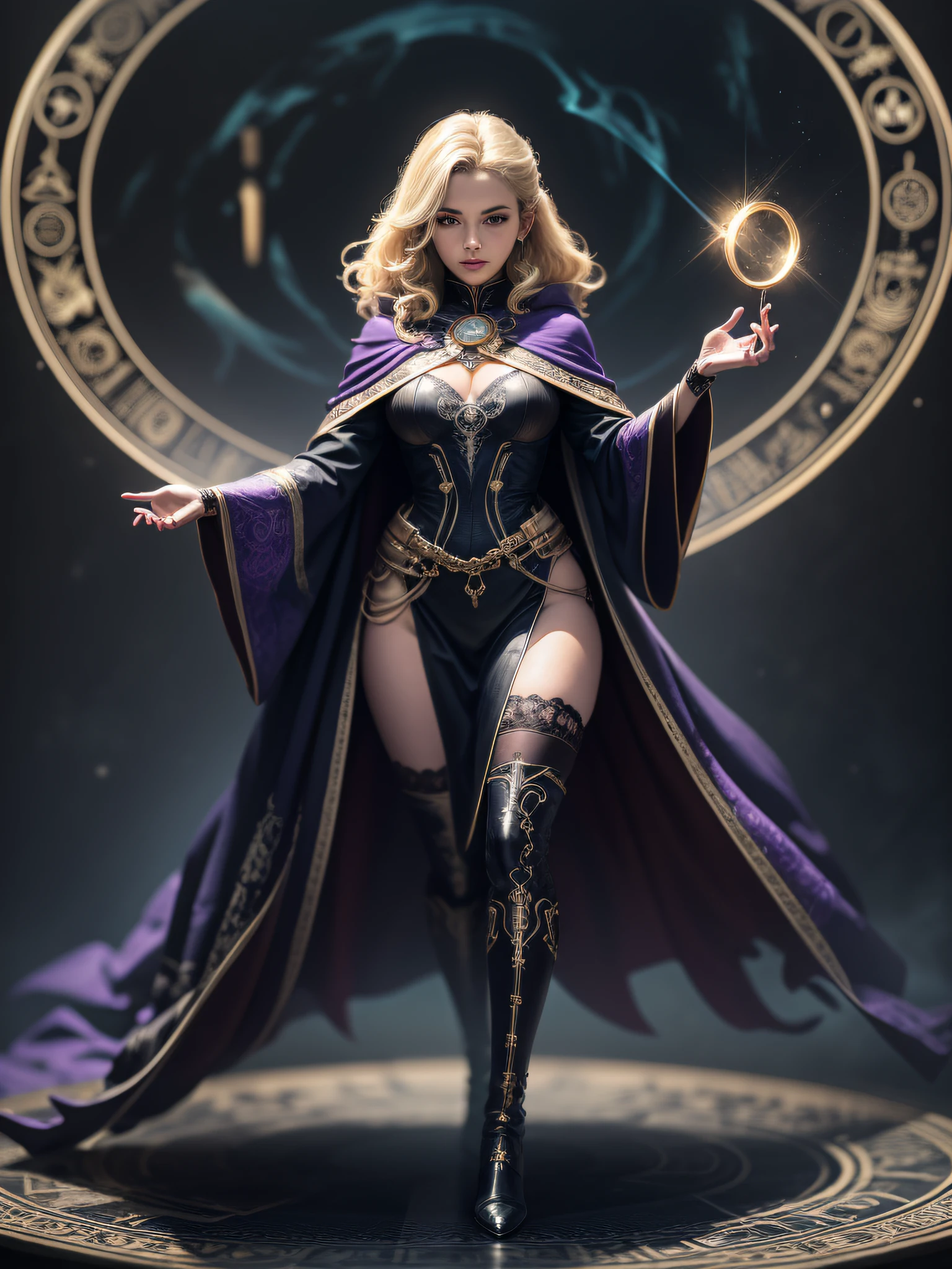 Beautiful blonde woman detailed the defined body, wearing a black cape and boots with purple detail, ((standing and front)), looking at the viewer, (extremely intricate robes, magical robes),more detail in the magic circle in the background, magic circle, casting a spell, black aura,