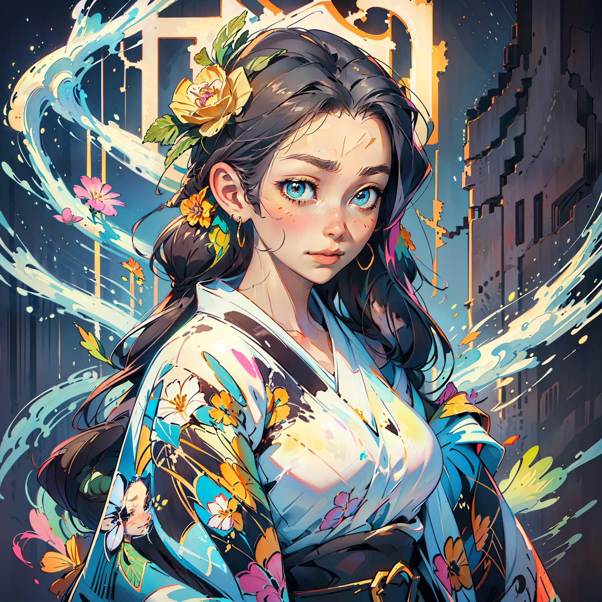 No centro da imagem uma linda japonesa pintada a óleo de forma ultra-realista, em torno de suas pinceladas grossas de pintura em estilo expressionista. Uma mistura de estilos que fluem lindamente na imagem. Nas bordas da imagem, flores preciosas formam um lindo marcador.