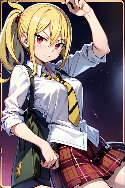 curious face, schoolgirl attire, white blouse with yellow jacket, green striped tie, red plaid skirt, red eyes and ashy hair in a twin ponytail, (style of soul eater and fairy tail anime), (illustrated by Hiro Mashima and Atsushi Ohkubo), (style mixing), L...