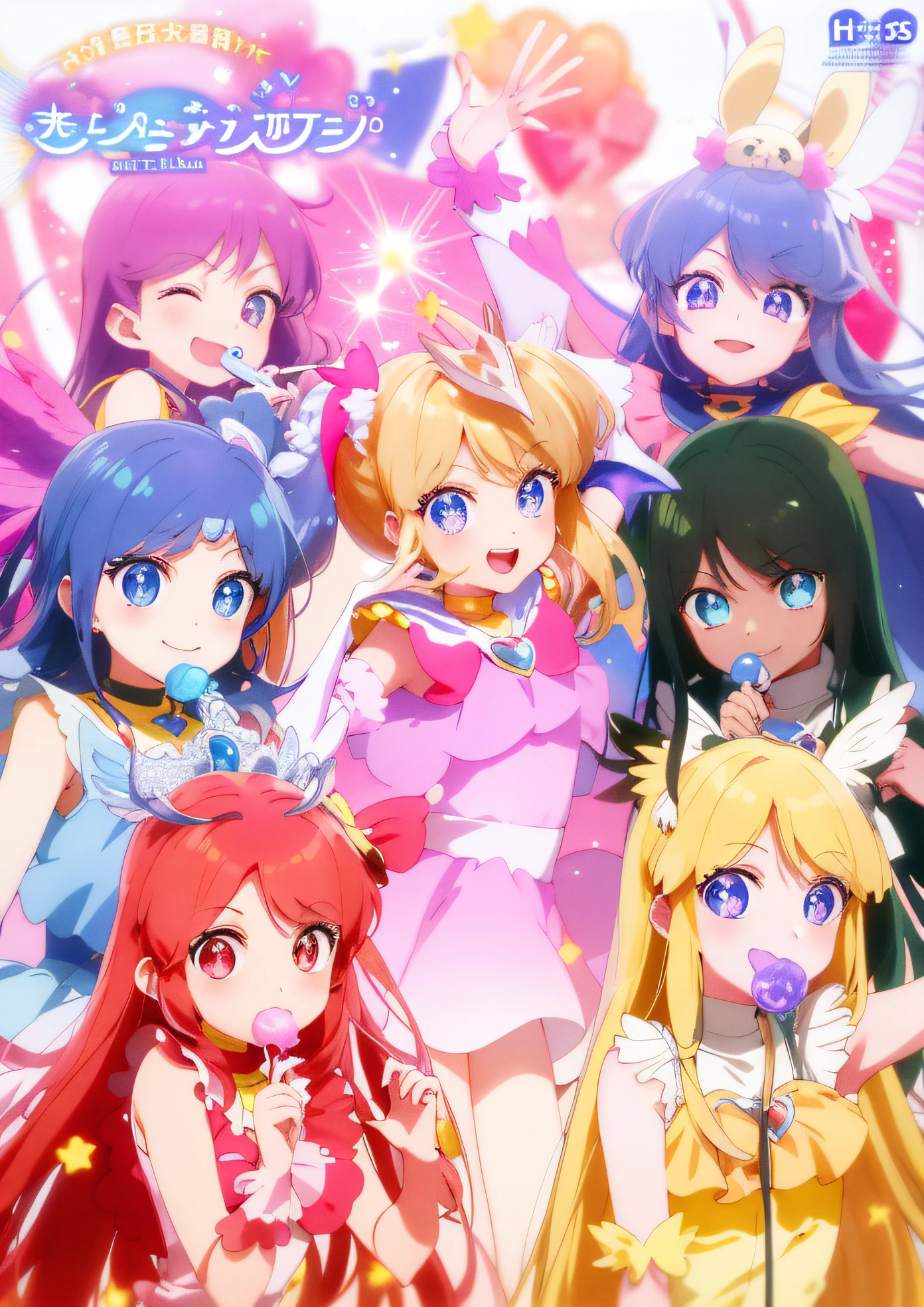 A group of anime girls with long hair and colorful dresses - SeaArt AI