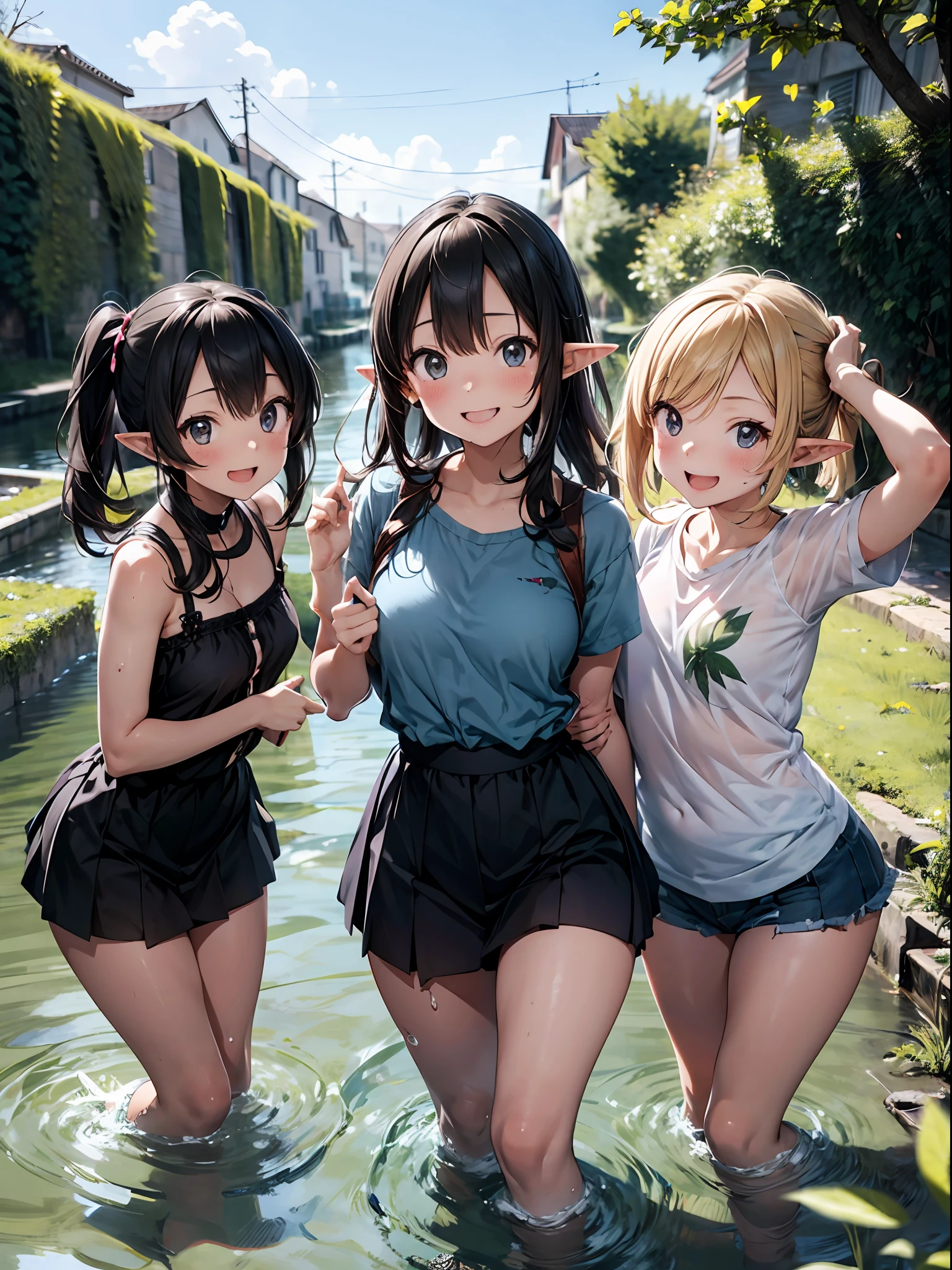 3 elf girls on a river, happy, smile, river, vines, vines and leaves, vines on body, vines ornaments, water splash, add_detail:1.5
