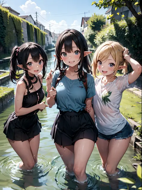3 elf girls on a river, happy, smile, river, vines, vines and leaves, vines on body, vines ornaments, water splash, add_detail:1...
