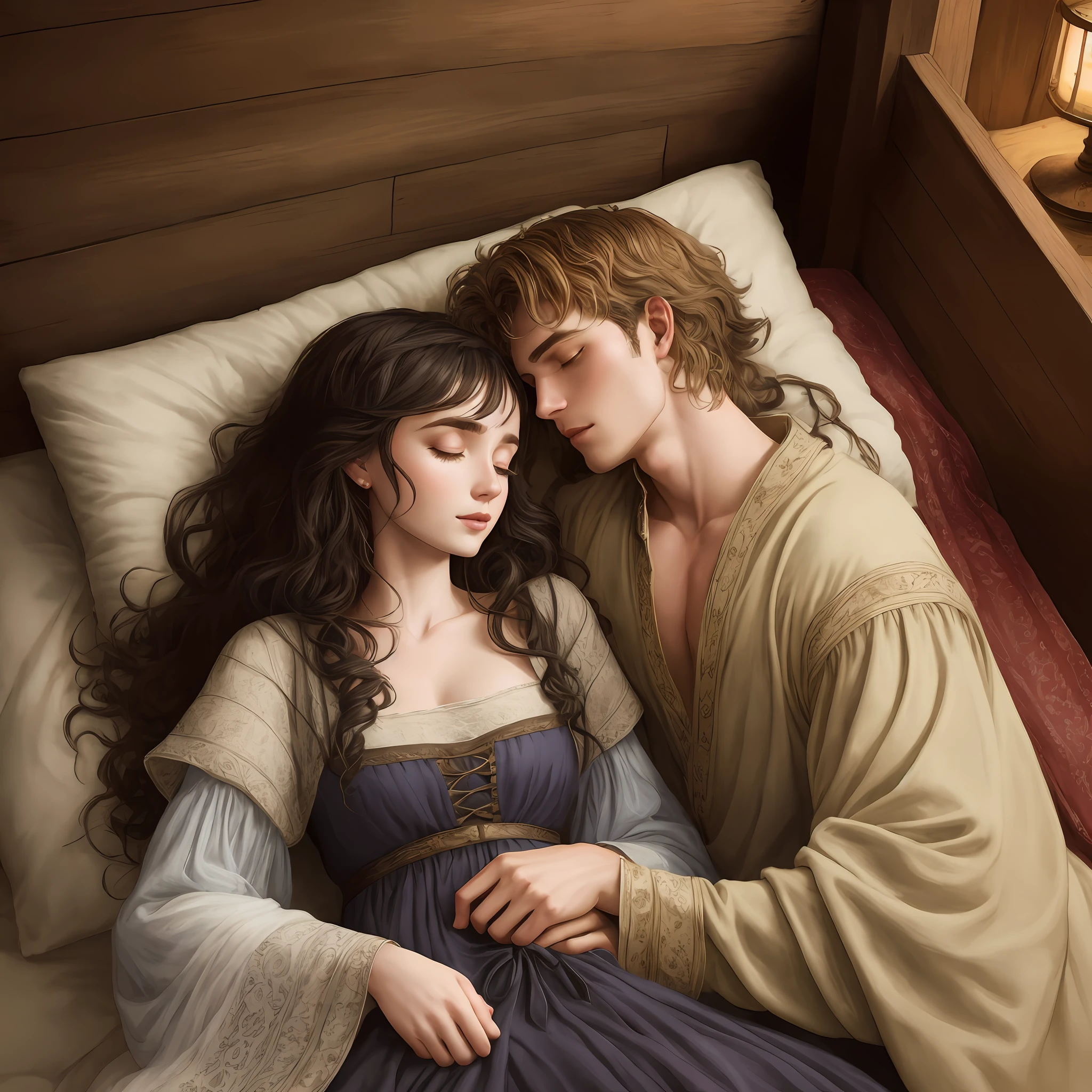 arafed couple in medieval dress laying on bed with lamp, charlie bowater and artgeem, edmund blair and charlie bowater, charlie bowater and tom bagshaw, he holds her while she sleeps, in the art style of bowater, realistic fantasy illustration, charlie bowater art style, style of charlie bowater, lovely languid princess