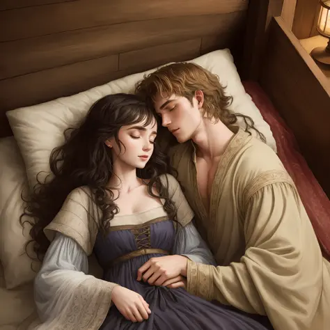arafed couple in medieval dress laying on bed with lamp, charlie bowater and artgeem, edmund blair and charlie bowater, charlie ...