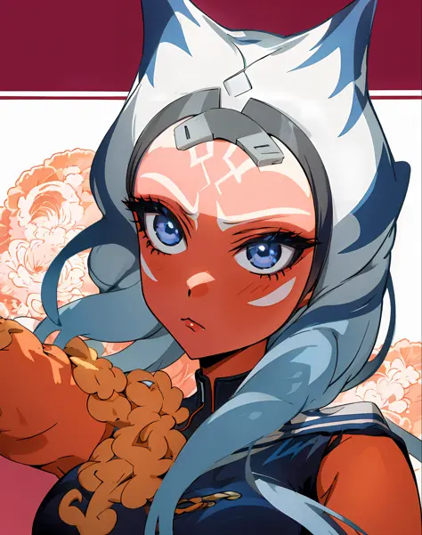 1girl, blue eyes, orange skin, tentacle hair 
bisquedoll anime style