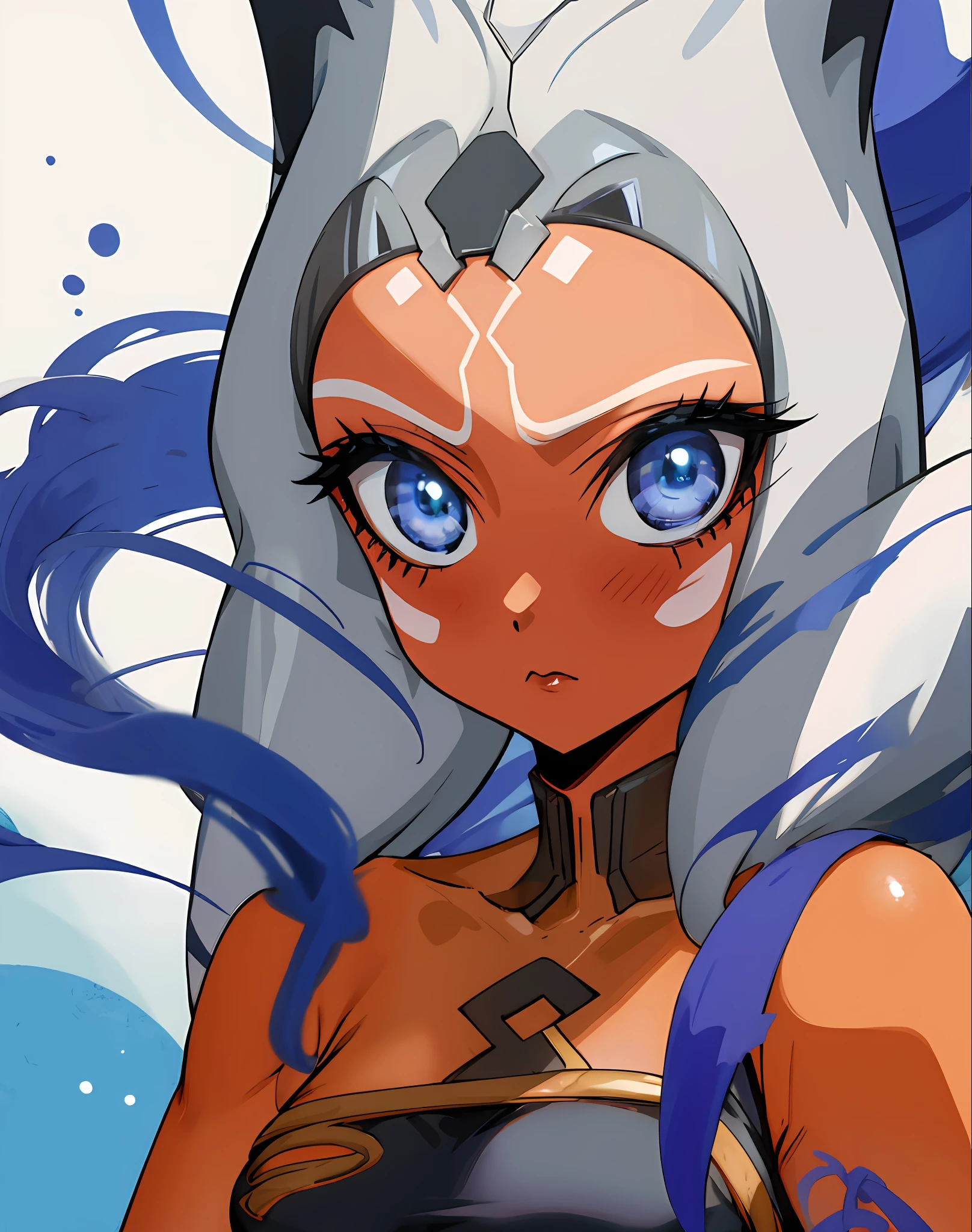 1 chica, blue eyes, orange skin, tentacle hair 
bisquedoll anime style