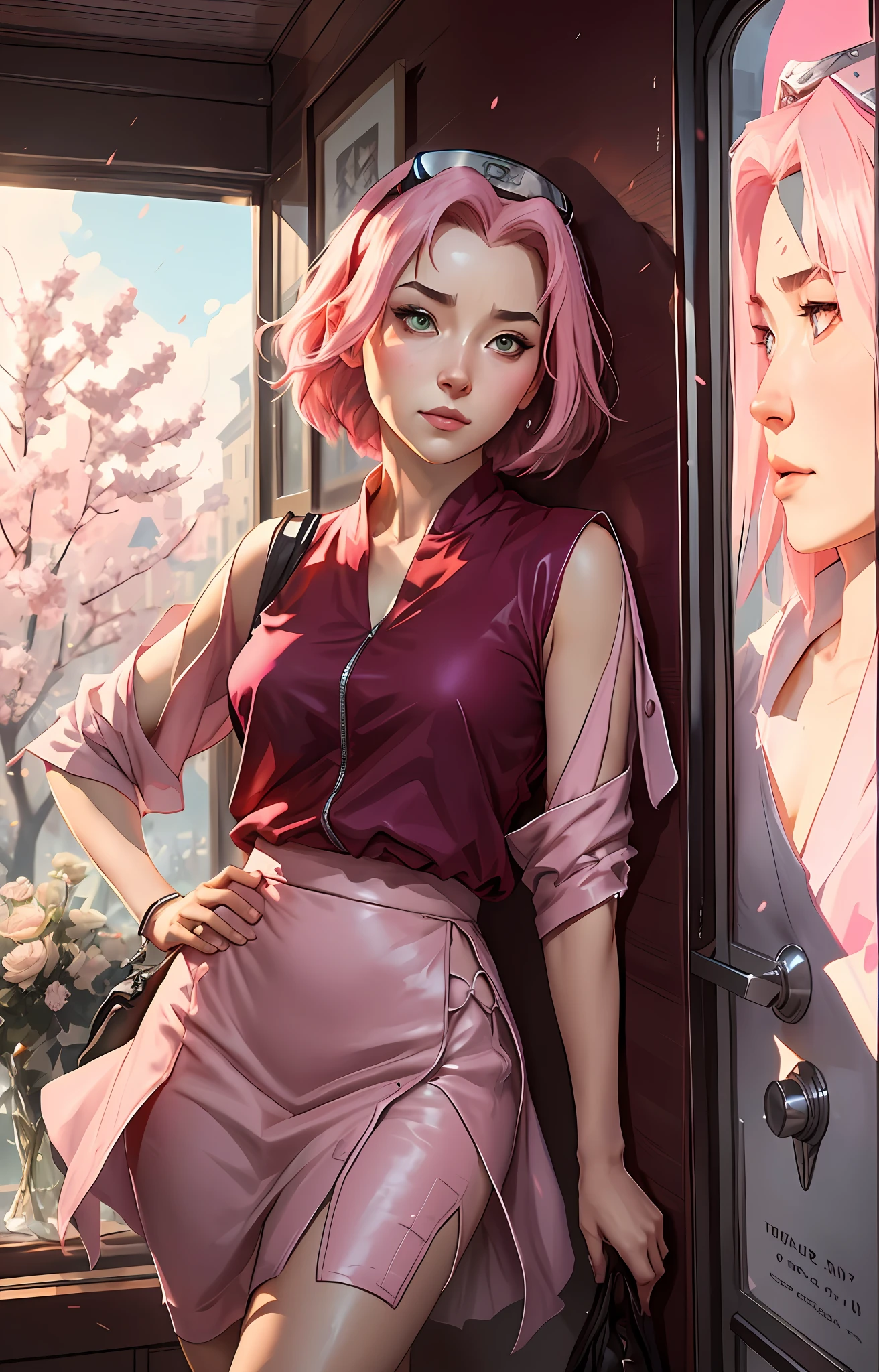 Sakura haruno, ((solo)), alone, ((forehead the show)), elegant,wearing a red blouse and a light pink skirt, Sakura haruno in Naruto Shippuden, she is charming, attractive, pink hair, delicate, young, short hair, detailed, high definition, ((full body)), full body, ((serious)), she is in her house looking at a picture, looking at the viewer, she is a beautiful woman ,   Beautiful and nice woman, beautiful, beautiful, high quality, defined eyes, high definition, sharp, sharp features, beautiful, red bow in hair,trending on artstation, by rhads, Andreas Rocha, Rossdraws, Makoto Shinkai, Laurie Greasley, lois van baarle, ilya kuvshinov and greg rutkowski