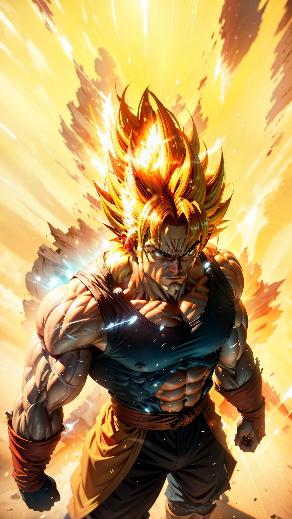 Goku Super Saiyan, 극도로 근육질의 네온 황금빛 머리를 가진 성인 남성, 정맥으로 가득 찬 정의된 근육, 진한 파란색 조끼, 빨간 장갑, 진지한 얼굴, 근육 정의, 큰 어깨, 둥근 팔뚝, 언리얼 엔진 5.8K.