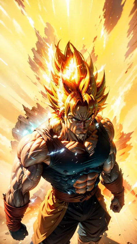 Goku super saiyan, Adult man with extremely muscular neon golden hair, defined muscles full of veins, dark blue colored vest, re...