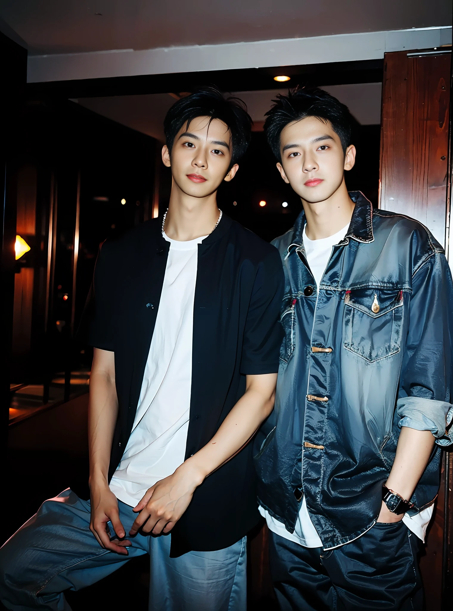 (Chinese Handsome: 1.5), realistic details of two men in cinema, realistic photos, textured skin, looking into the camera, 18 years old boy, studio, Danshi Koukousei, model, long legs, gay couple