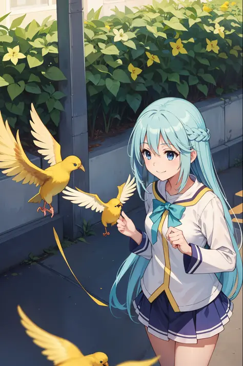masterpiece, best quality, 1girl, aqua_konosuba, long hair, light blue hair, blue eyes, smile, yellow bird flying