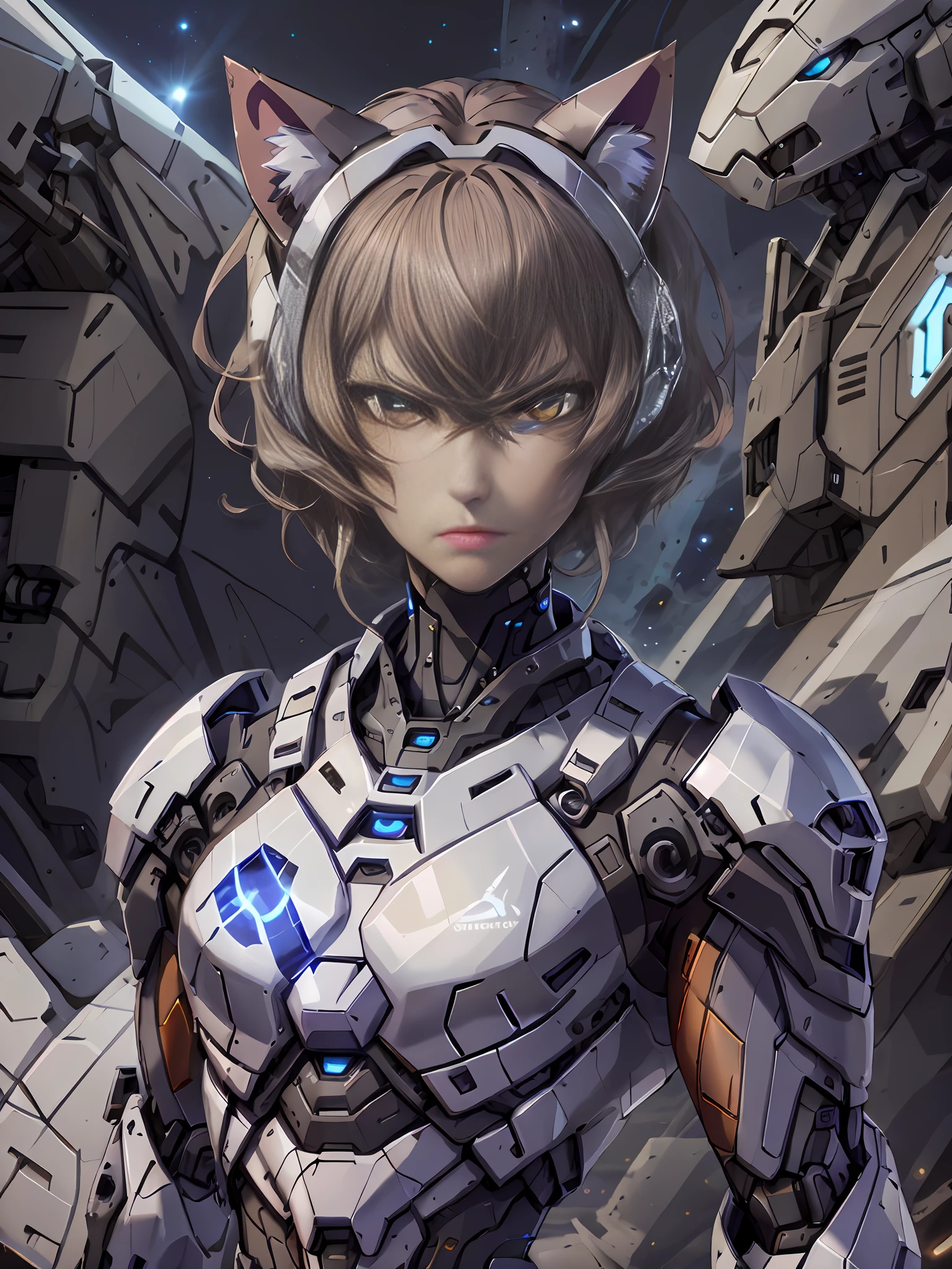 High quality, HD picture quality, an Abyssinian cat female anime character, metal cat, big cat ears, white mech, short reddish-brown hair, amber eyes, upturned hair ends, glossy, white mech, portrait shooting, serious and stern expression, intimidating pose, cosmic space background.