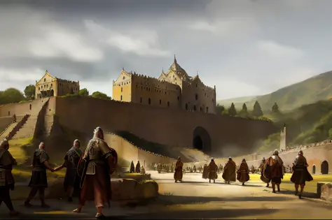 a realistic drawing of a photo of an ancient castle with warriors and many people walking.