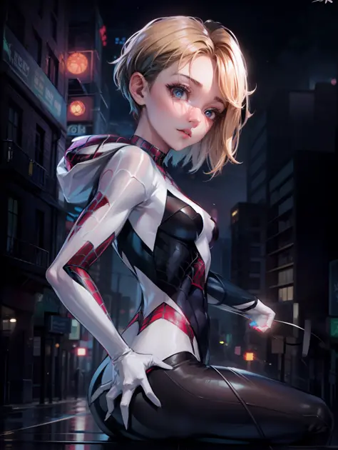Create an image of Spider-Man Gwen (female Spider) atop a towering building, with a lower camera angle for added impact