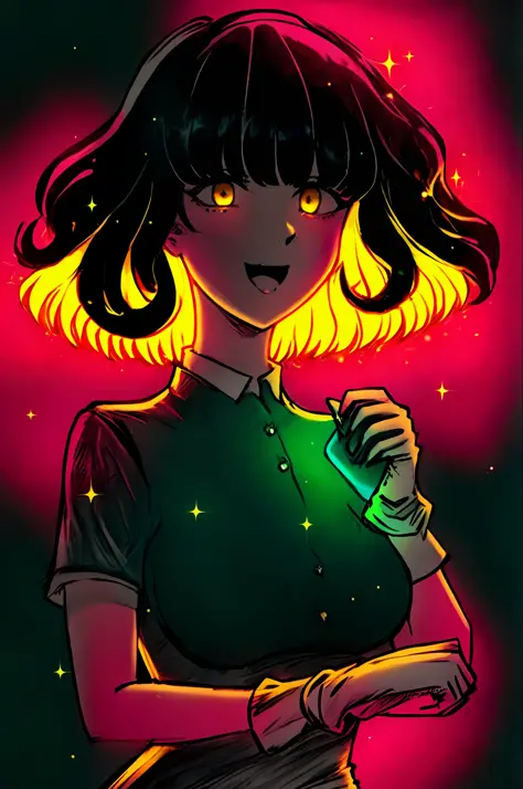 (glowart:1.0), (glowing, sketch, drawing:1.0), 


 , bangs, green sleeves, black hair, , breasts, dress, gloves, red background,...