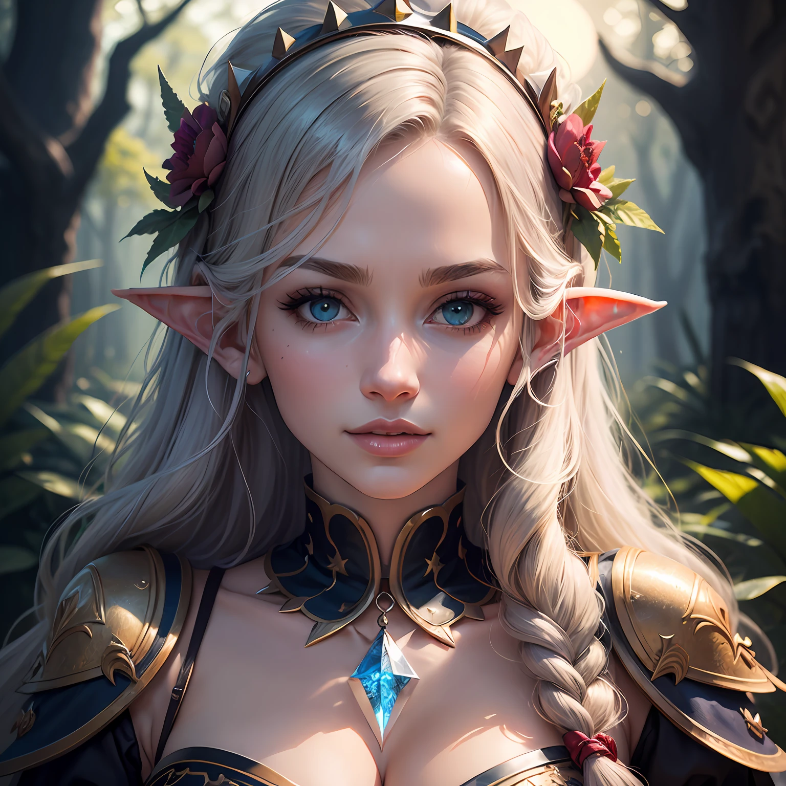 (masterpiece, best quality, beautiful portrait art:1.4), captivating_portrait, beautiful_girl, sideboobs:2.0, crown, tiara, floral_headband, feather_fascinator, enigmatic_smile, seductive_gaze, sparkling_eyes, hypnotic_eyes, mysterious_eyes, elven_ears, pointed_ears, decorated_ears, fantasy_landscape, enchanted_forest, mystical_atmosphere, moonlit_night, ethereal_glow, ancient_ruins, magic_crystals, twinkling_stars, lush_vegetation, dreamlike_scene, (sharp focus:1.6), highly detailed, ultra realistic, 8k