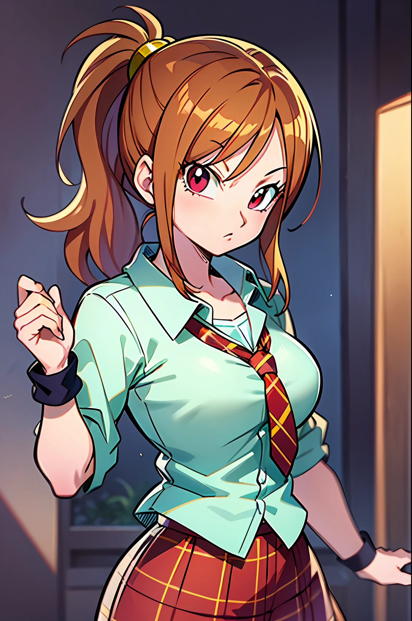 curious face, schoolgirl attire, white blouse with yellow jacket, green striped tie, red plaid skirt, red eyes and red hair in a twin ponytail, (style of dragon ball z and fairy tail anime), (illustrated by Akira Toriyama and Atsushi Ohkubo), (style mixing), Lucy Heartfilia, Bulma