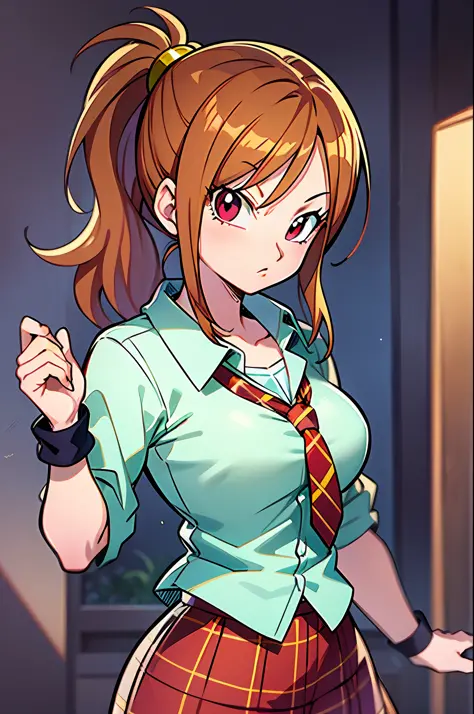 curious face, schoolgirl attire, white blouse with yellow jacket, green striped tie, red plaid skirt, red eyes and red hair in a twin ponytail, (style of dragon ball z and fairy tail anime), (illustrated by Akira Toriyama and Atsushi Ohkubo), (style mixing...