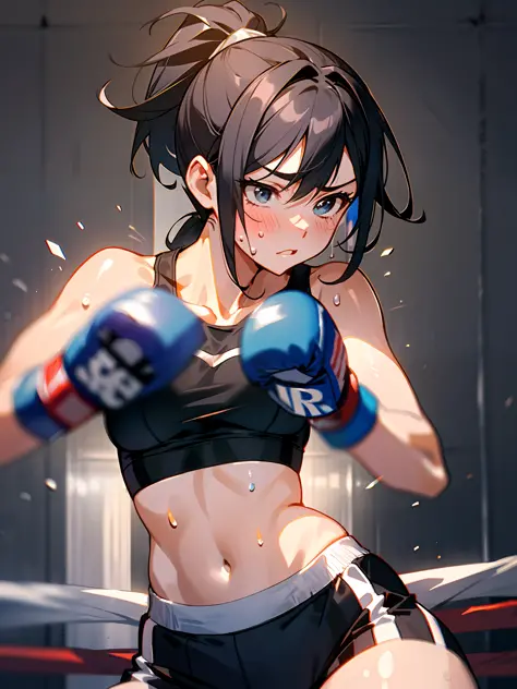 Mature female boxer、Ponytail with black hair、Brown-skinned、Black sports bra  and shorts、Boxing gloves、With keen eyes、Boxing stance、waist line、 - SeaArt  AI