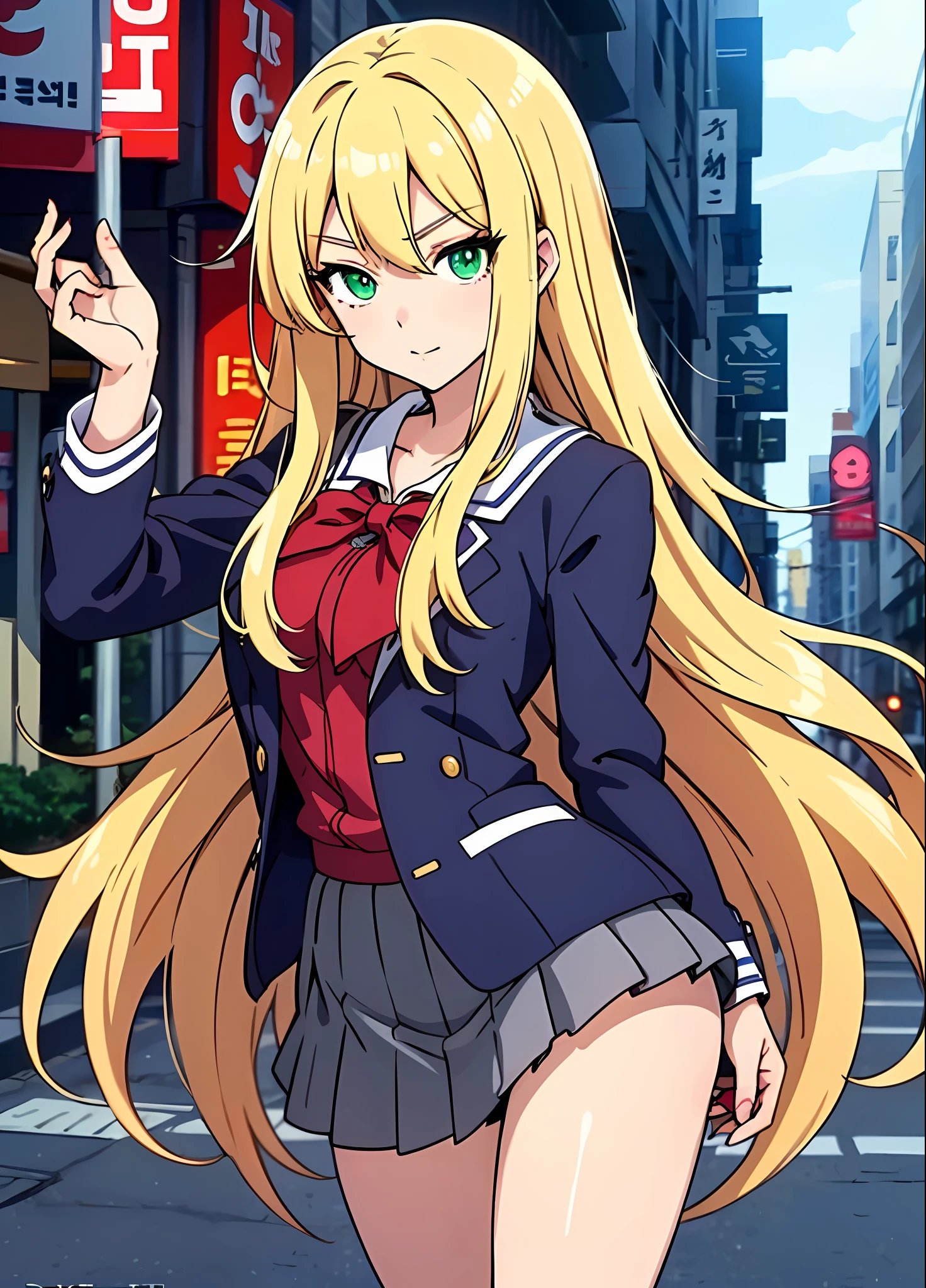 Young woman 22 years: 1.3, Blonde hair fulfilled: 1.2, Tall: 1.2, Occupation: 1.2, Daytime: 1.2, On the street: 1.2, Movie lighting, Best quality, 8k A cartoon girl with long blonde hair, (green eyes, beautiful eyes, eye highlights, sharp eyes) blonde anime girl with long hair, female anime character, anime character, (anime girl),  Loli in a simple school uniform, gray social school uniform, she has blonde hair, anime style (best quality) Korean girl, seductive look, sexy, ((mysterious look))