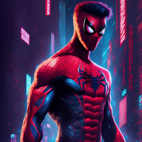 Spider-Man, Cyberpunk, (super muscular) full body, improved, super details, magazine cover, comic style 8k.