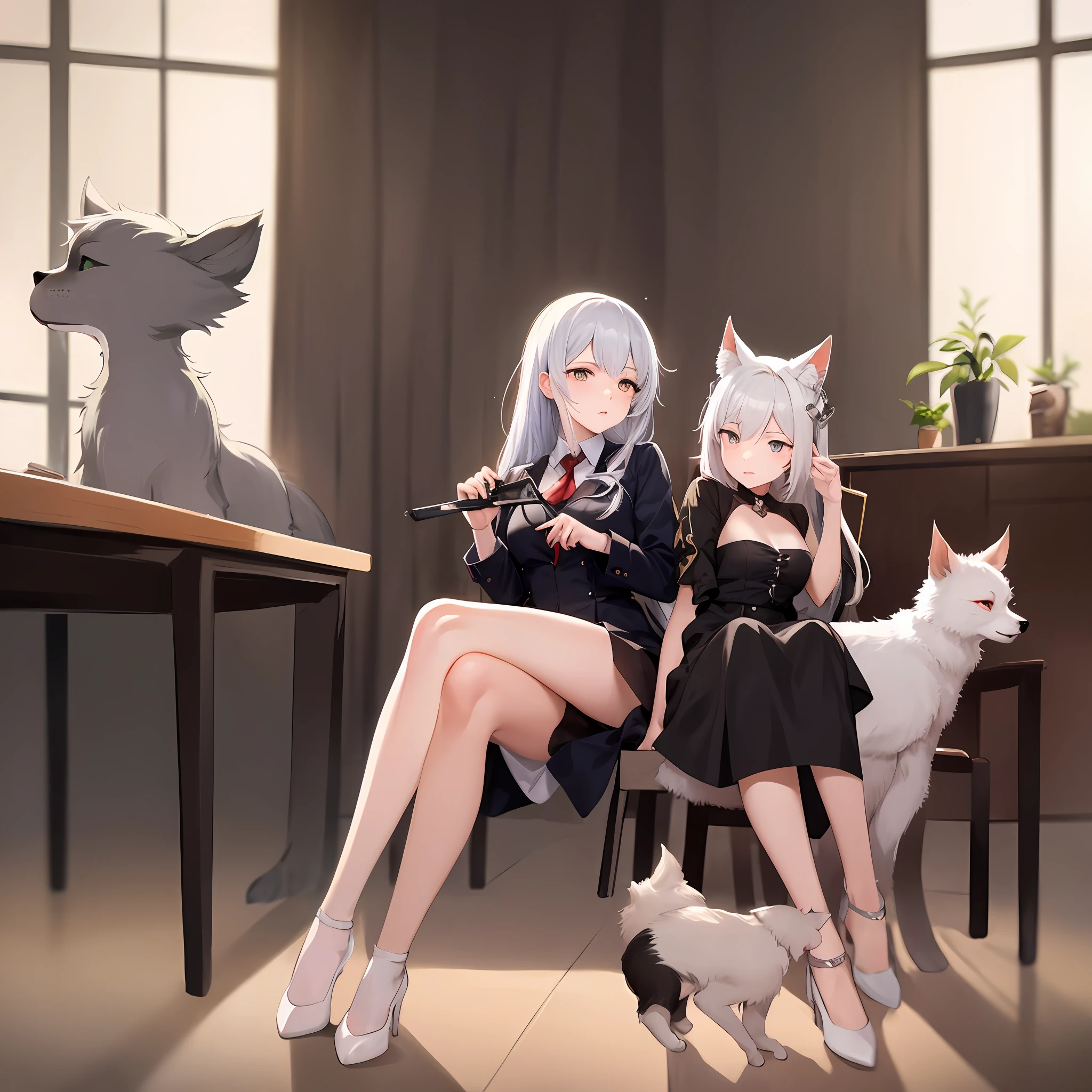 anime character sitting on a chair with a cat on her lap, trending on artstation pixiv, guweiz on pixiv artstation, guweiz on artstation pixiv, trending on cgstation, white - haired fox, artwork in the style of guweiz, guweiz, from girls frontline, cushart krenz key art feminine