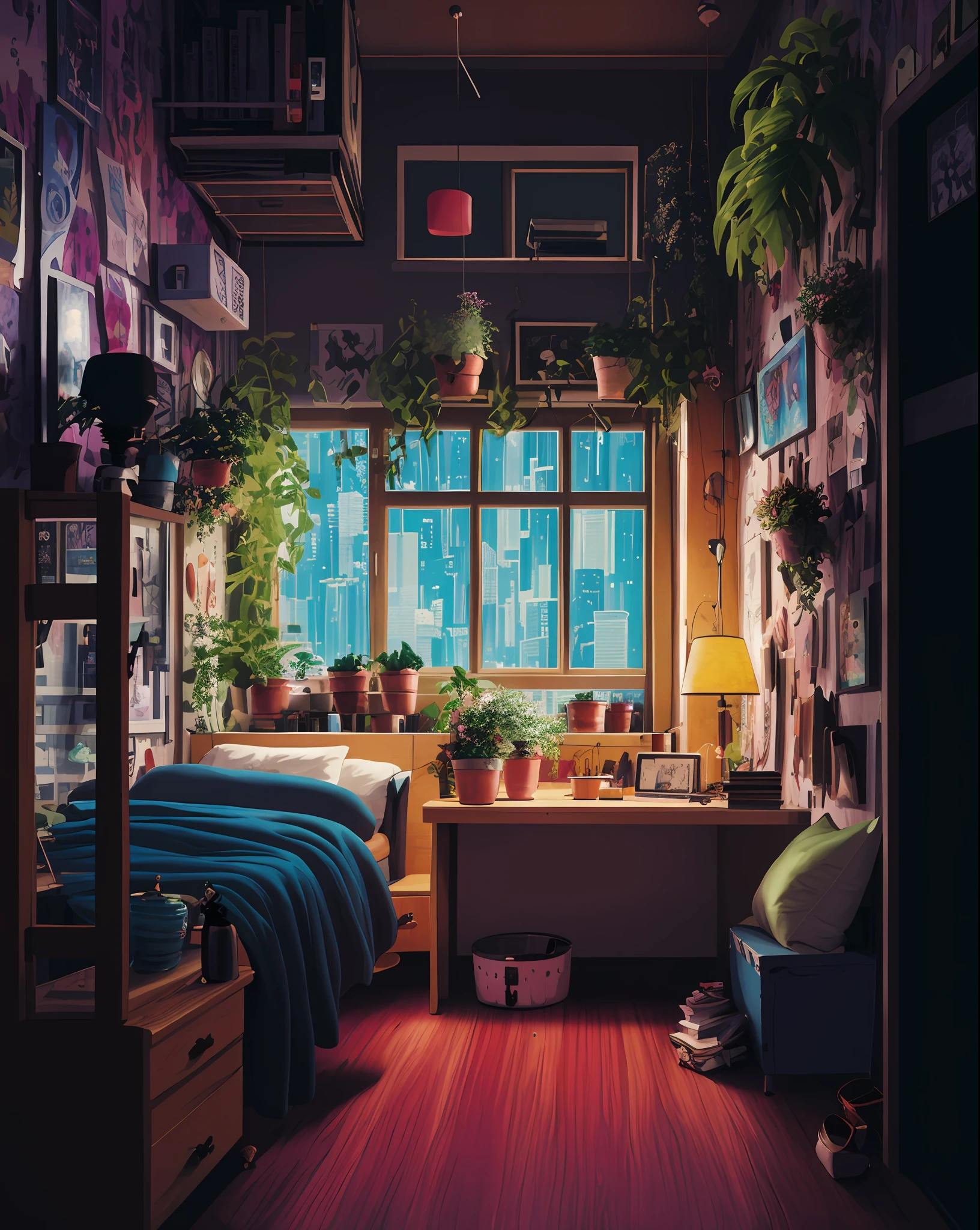 there is a room with a bed, desk, and a window, personal room background, cozy place, cyberpunk teenager bedroom, cozy room, cozy environment, cyberpunk bedroom at night, anime background art, cozy atmosphere, bedroom in studio ghibli, room full of plants, low detailed. digital painting, cinematic morning light, lofi artstyle, cozy wallpaper, photorealistic room