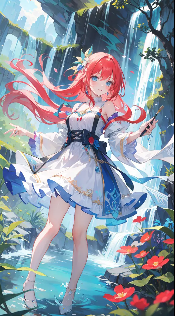 Draw a colorful red-haired and blue eyes girl completely immersed in her own fantasy painting. Step into the painting and find y...