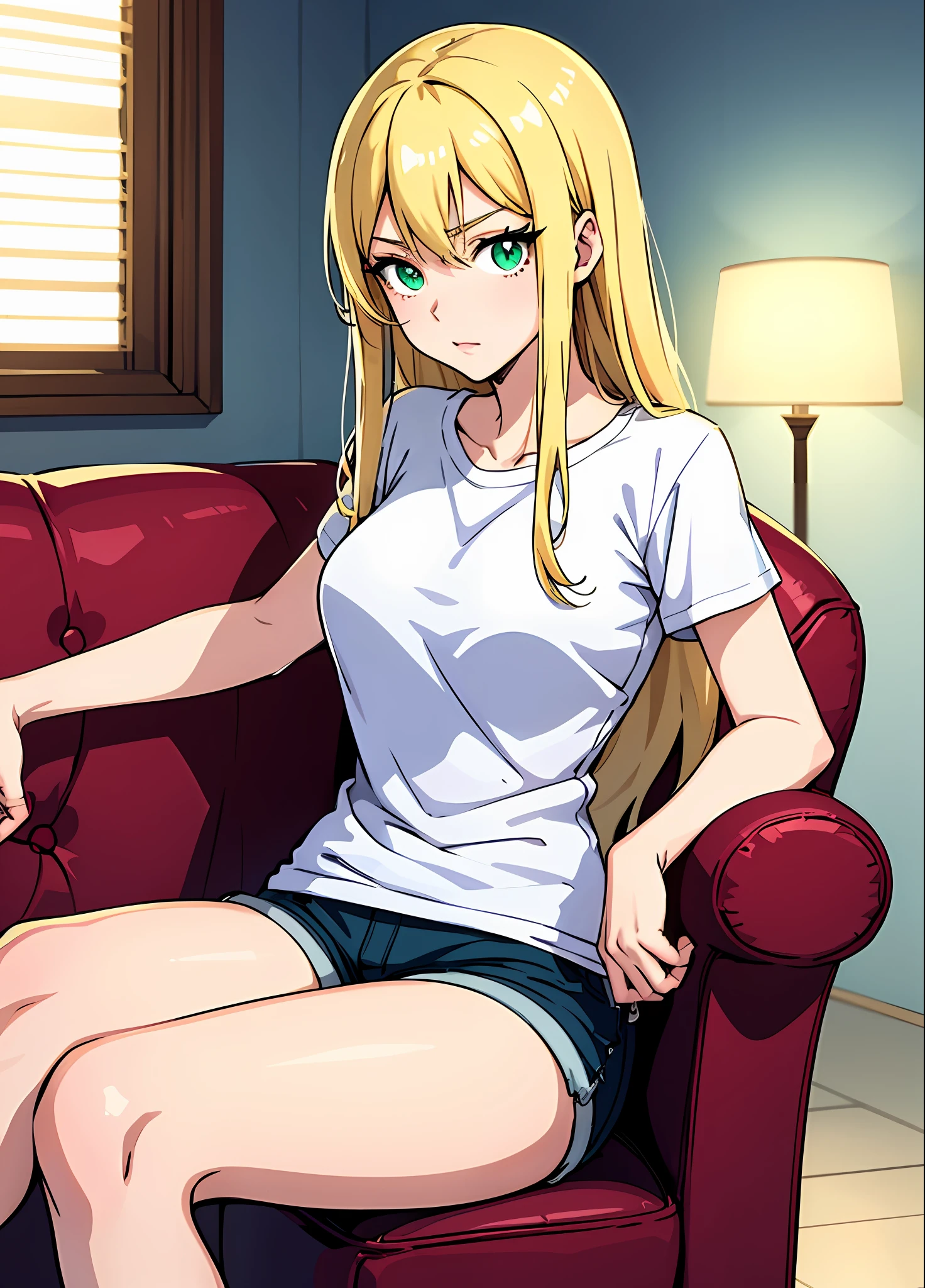 Young woman 22 years: 1.3, Blonde hair fulfilled: 1.2, Tall: 1.2, Occupation: 1.2, Daytime: 1.2, On the street: 1.2, Movie lighting, Best quality, 8k A cartoon girl with long blonde hair, (green eyes, beautiful eyes, eye highlights, sharp eyes) blonde anime girl with long hair, female anime character, anime character, (anime girl),  Loli sitting on the couch with a transparent white t-shirt, short shorts, she has blonde hair, anime style (best quality) Korean girl, seductive look, sexy, ((mysterious look))