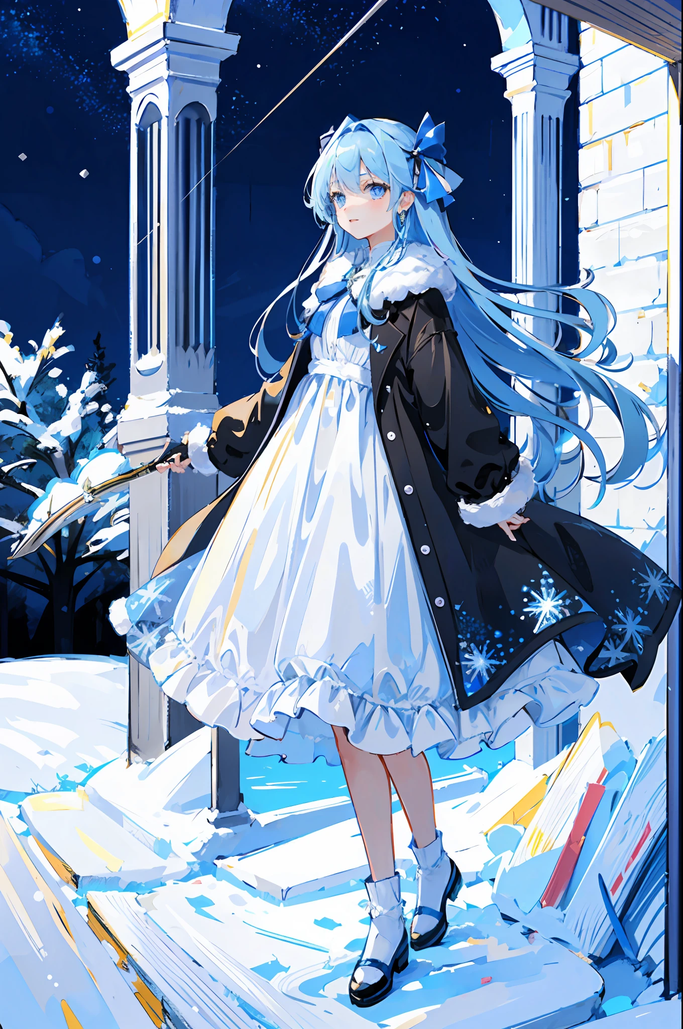 Макет чартера, все тело, молодая девушка, Светло-голубые длинные волосы, голубые глаза, в окружении снежинок, Сине-белое длинное платье, звездное небо с сильным снегопадом, лук и стрелы с эффектами льда и снега, прикольное платье, деталь одежды, стоящая картина на белом фоне