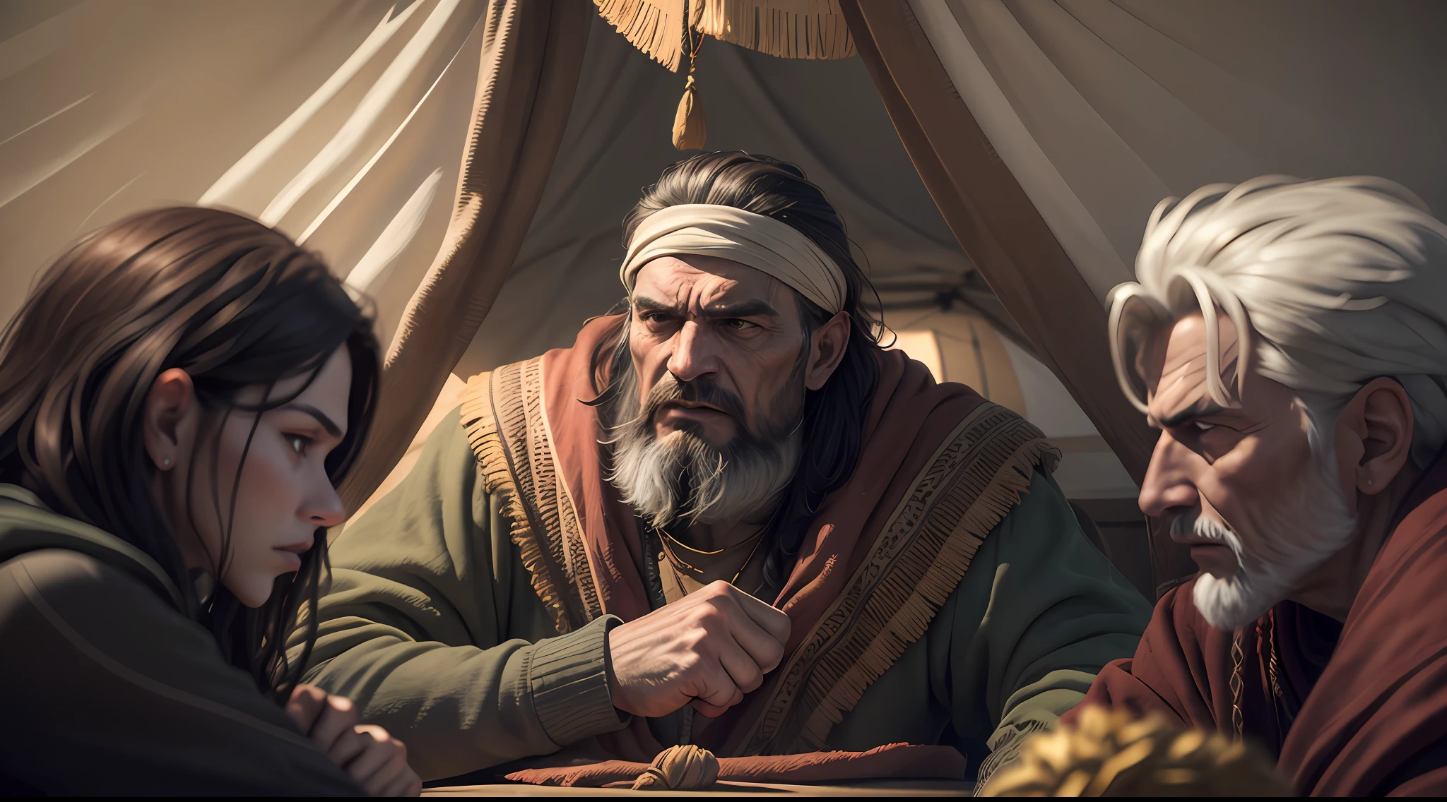 Canaanite leader, tent interior, flanked by two councillors, angry, banging his closed fist on the table, intense facial expressions, soft lighting, warm colors, tent details and decoration, 8k, HDR