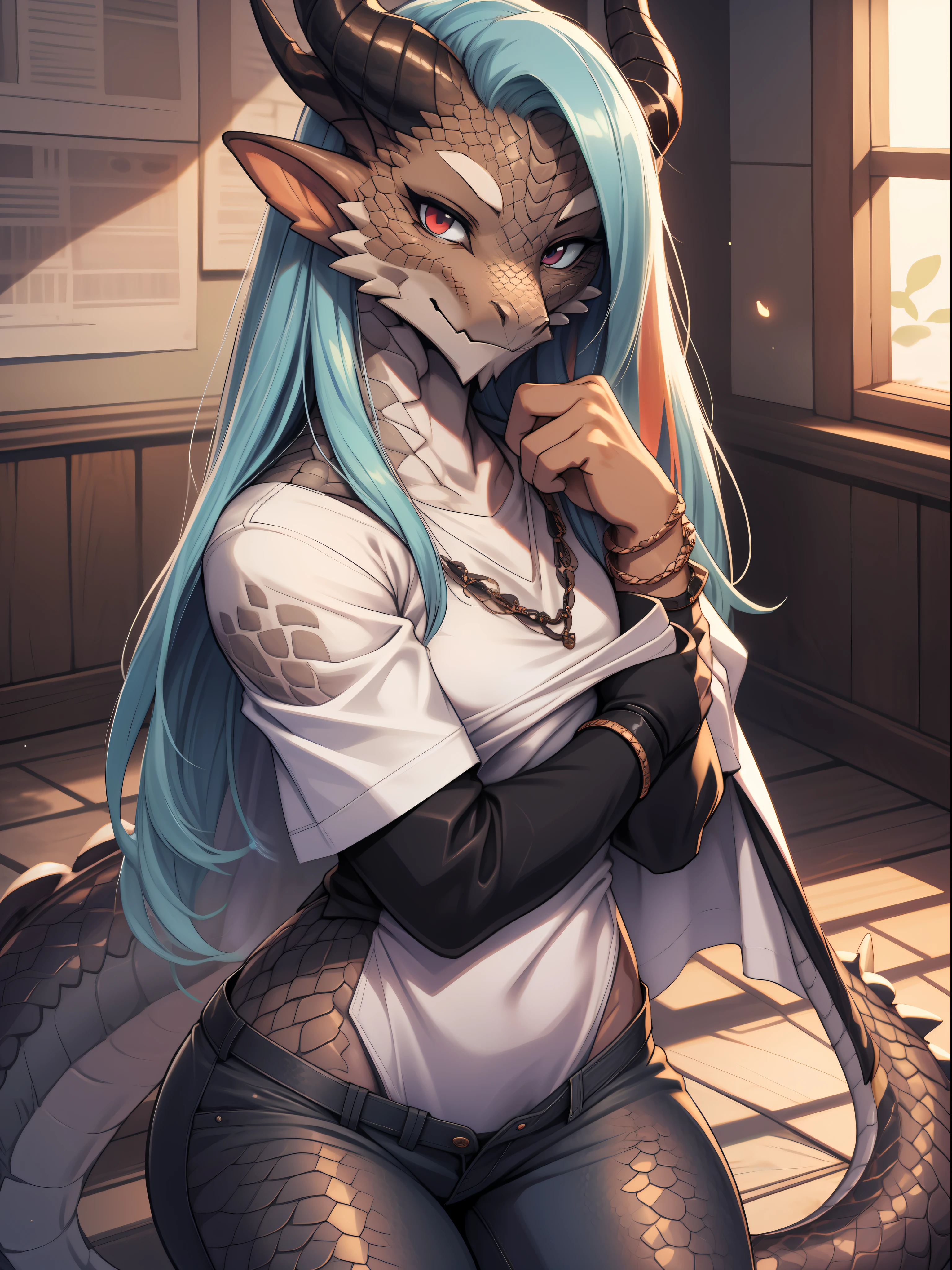 (dragan), woman, antrum, 1girl, Alone, delicate body, slender body, far, , bracelets, multicolored hair, long hair, horns, dragon horns, anime style, high quality, best quality, flaking skin, in a realistic style room, scales, dark scales, leg with scales on the thigh, arms with scales, face with scales, dark skin, scaly skin, textured scales, closed clothes,  closed pants, white t-shirt, long sleeve blouse, black blouse,