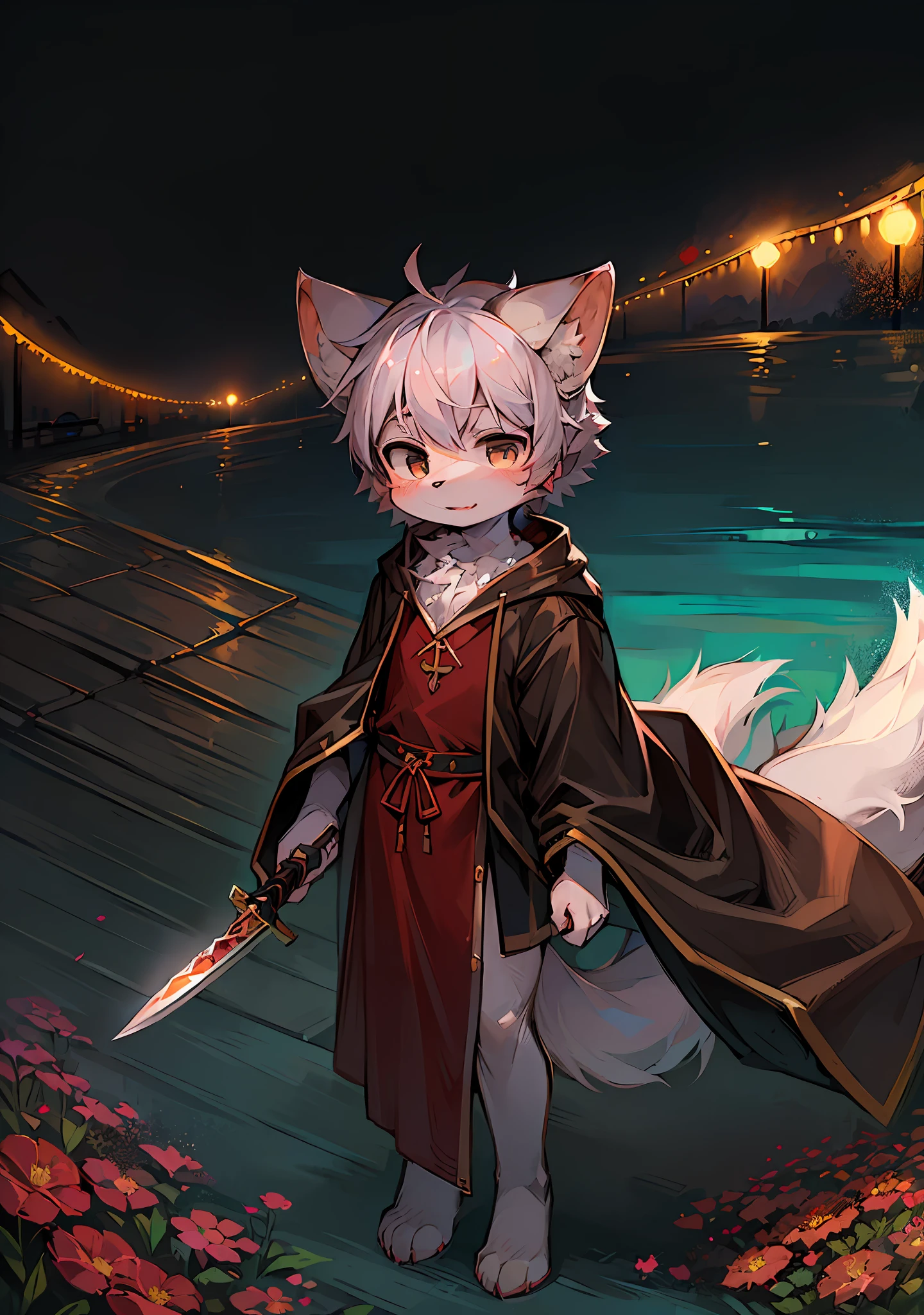 (Bright Environment: 0.8), Masterpiece, High Quality, Abstract Res, Digital Painting\(Artwork\), by Dagasi, Yupa, Kiyosan, (Anthro, Fluffy Fur, Character Focus: 1.1), Anthro Male Cat, Short Hair, Portrait , bright eyes, panorama, character focus. (Detailed background: 0.7), Furry, Furry male, Male focus, Anthr, (full body fur, fluffy tail, off-white fur, black eyes, no hair: 1.2), (long canine, junior high school student, robes: 1.2), (sea of flowers, bright outdoor, long knife: 1.1)