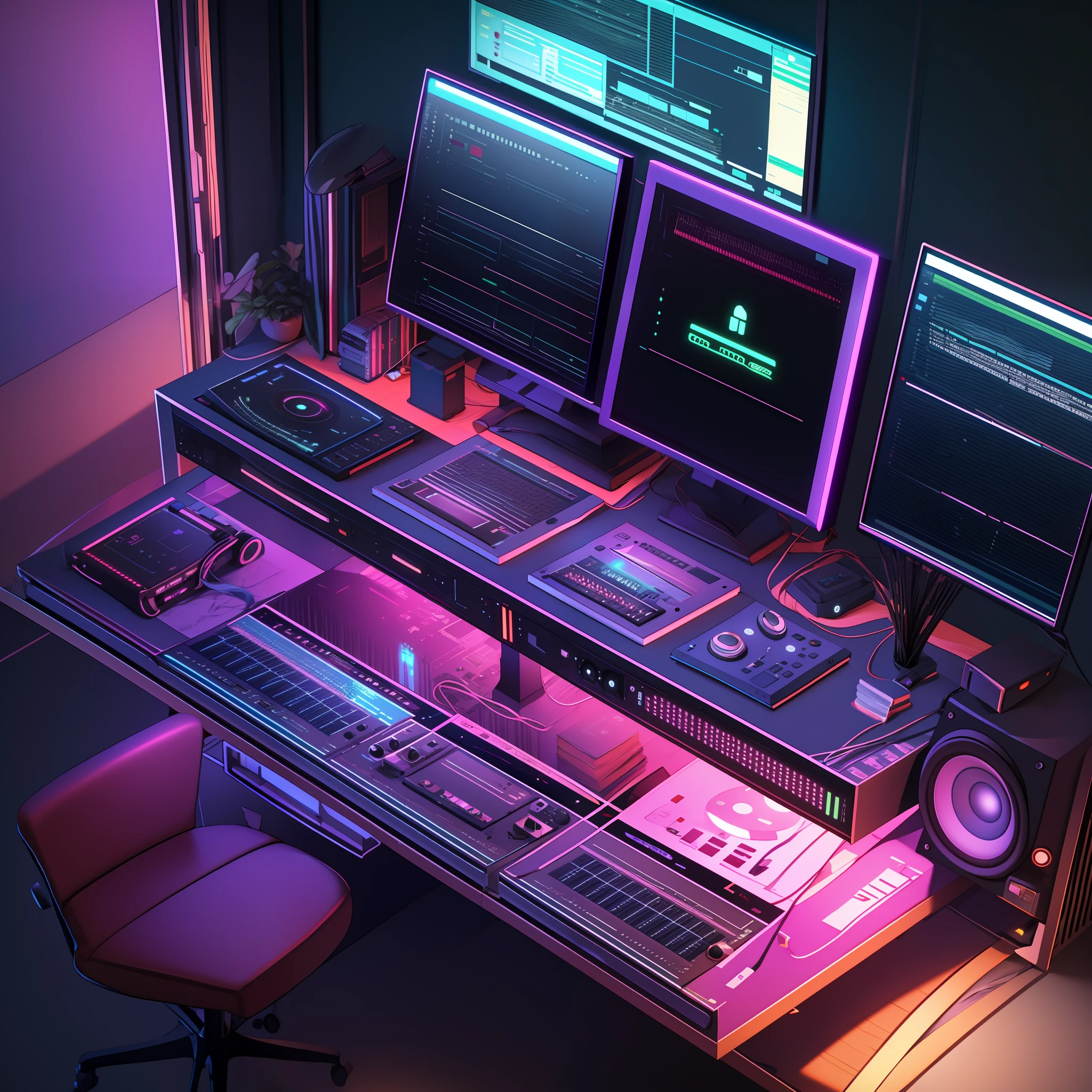 Isometric Music producers computer desk, massive speaker system, studio Monitors, DJ turn table,  monitors, marijuana bong, soft light lamp, cinematic, raytracing, modeling, octane render,unreal render,behance,best quality, 8k,