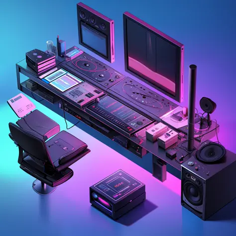 Isometric Music producers computer desk, massive speaker system, studio Monitors, DJ turn table,  monitors, marijuana bong, soft...